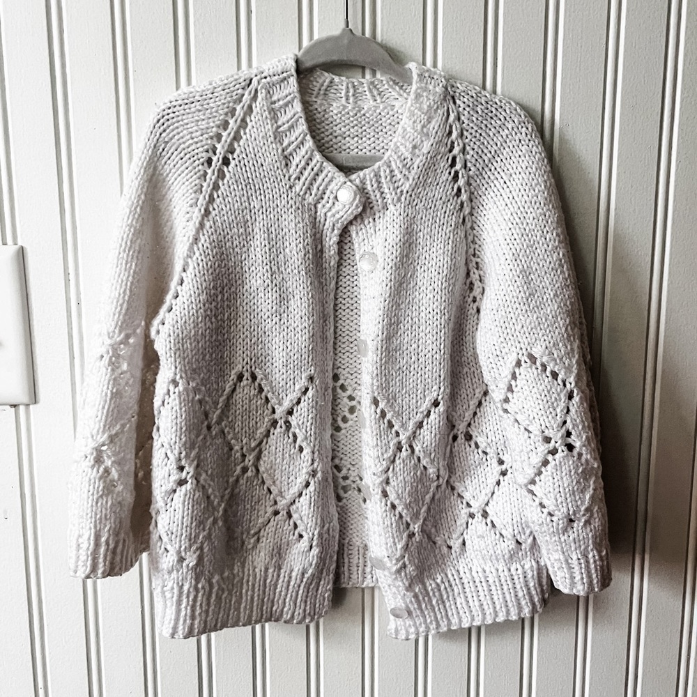 Vintage Girls Knit White Sweater 2T-4T Handmade with Buttons